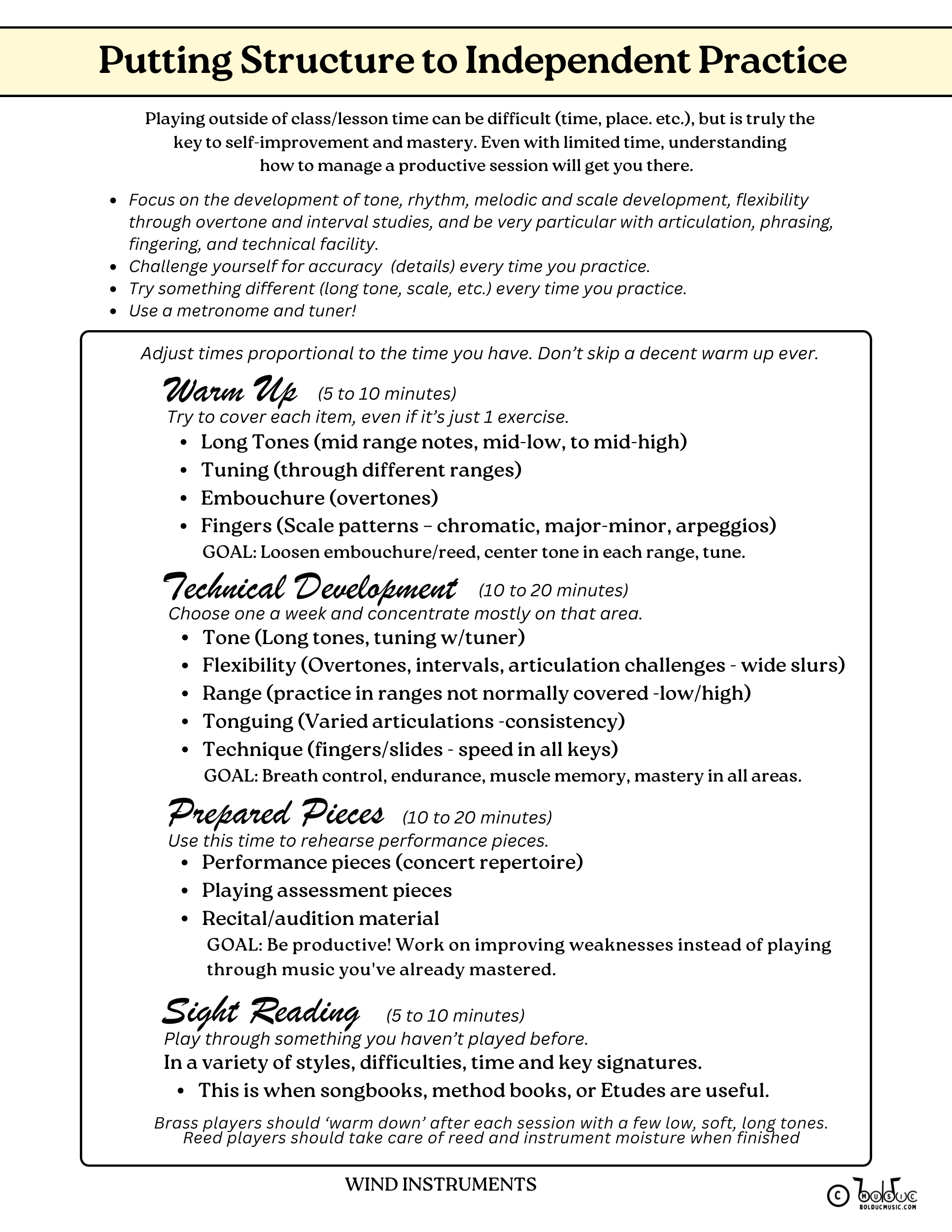 Practice routine poster for wind instruments